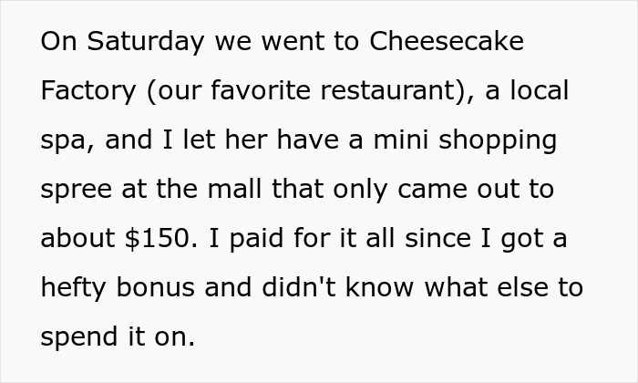 Text describing a special day out to make up for leaving daughter out of boys trip with a visit to Cheesecake Factory and shopping.