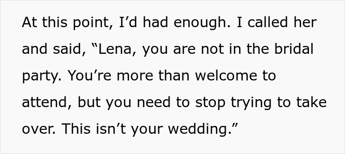 Text message excerpt about an unwanted wedding planner trying to take over after being cut from bridal party. Text message excerpt about an unwanted wedding planner trying to take over after being cut from bridal party.