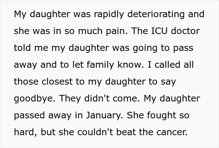 Text excerpt about a woman cutting contact with in-laws who didn&rsquo;t visit their dying granddaughter.