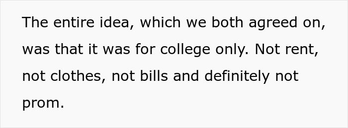 Text stating disappointment that a niece's college fund was used for prom instead of agreed college expenses. Text stating disappointment that a niece's college fund was used for prom instead of agreed college expenses.