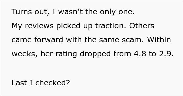 Text excerpt discussing how guest reviews exposed a venue host&rsquo;s $1200 cleaning bill scam, damaging her reputation.