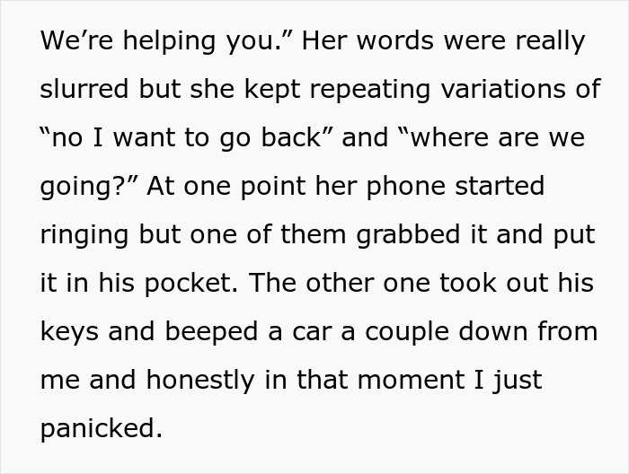 Text describing a confrontation involving two men trying to kidnap a drunk girl, causing panic and alarm. Text describing a confrontation involving two men trying to kidnap a drunk girl, causing panic and alarm.