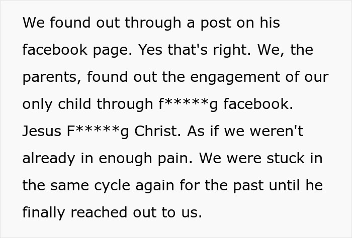 Text showing parents discovering their son's engagement on Facebook, highlighting years of neglect and family conflict.