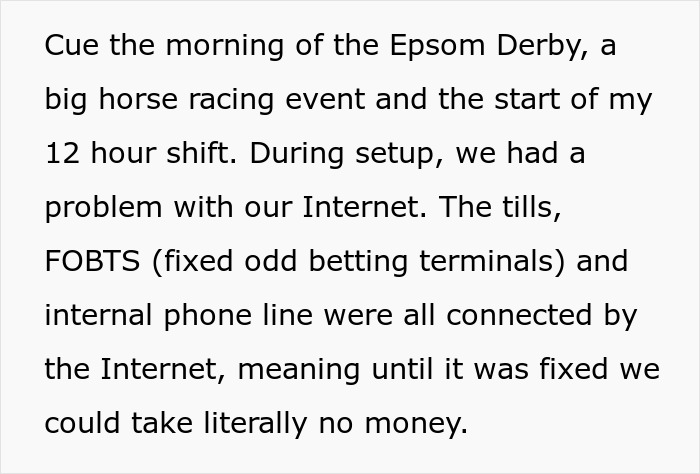 Employee complies with company rules during a horse racing event while the boss faces consequences for internet issues. Employee complies with company rules during a horse racing event while the boss faces consequences for internet issues.
