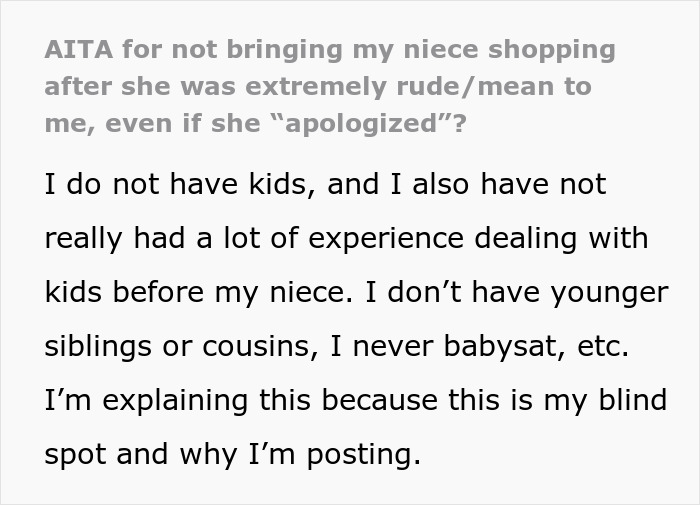 Text excerpt discussing a niece calling aunt fat and ugly and the aunt canceling a shopping trip due to the rude behavior.