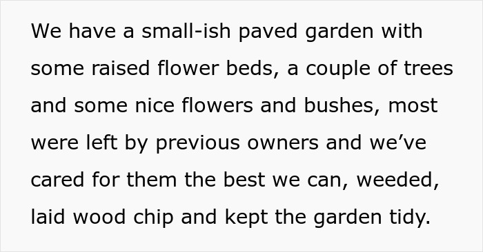 Woman returns from vacation to find MIL landscaped her garden without permission, showing paved areas and flower beds.