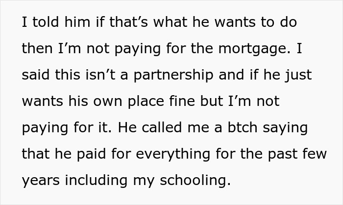 Text discussing a woman at crossroads after partner of 10 years wants to buy a house only for himself.
