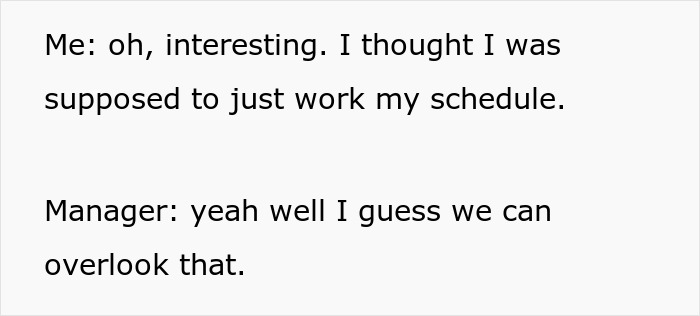 Text conversation showing someone discussing working their schedule after being told to stop being late and stick to it.