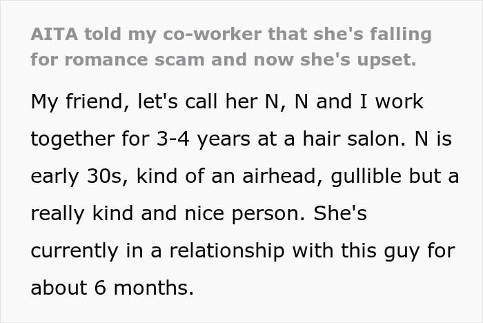 Text excerpt about a woman warning her coworker about a romance scam and the resulting silent treatment. Text excerpt about a woman warning her coworker about a romance scam and the resulting silent treatment.