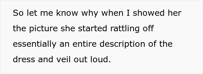 Text excerpt describing a woman&rsquo;s mother-in-law loudly commenting and ruining the magic of her wedding dress surprise.