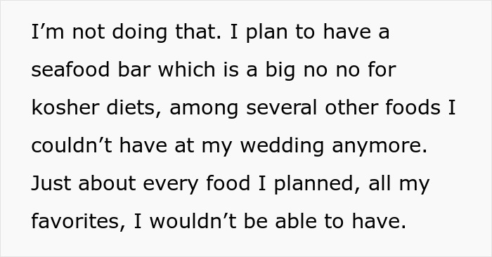 Text excerpt explaining challenges of accommodating kosher wedding meals and food restrictions for the event.