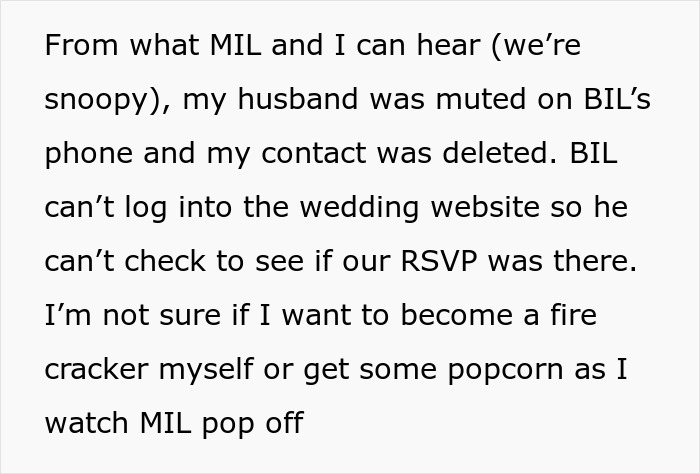 Text excerpt discussing a mother of the ring bearer shocked over being left off the wedding guest list despite RSVP.