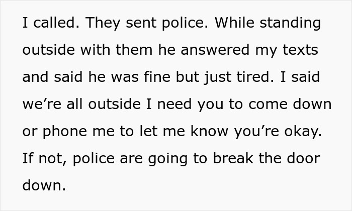Text message describing a worried girlfriend calling police before they break down doors to find mentally unstable boyfriend.