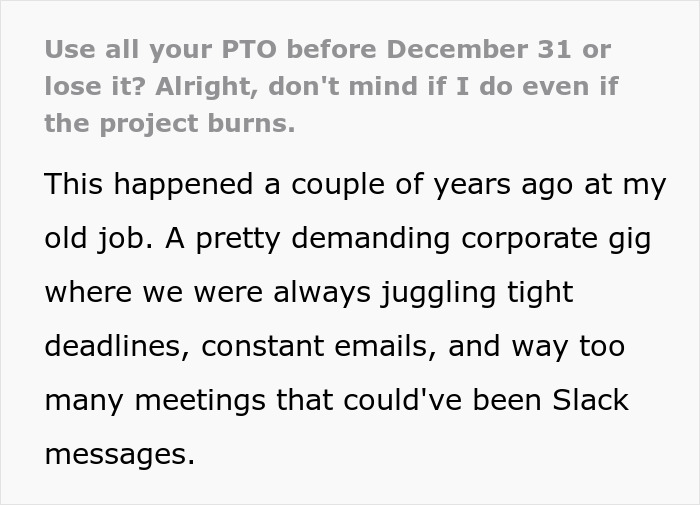 Employee uses all PTO before deadline while project crashes in a demanding corporate job with tight deadlines and many meetings.