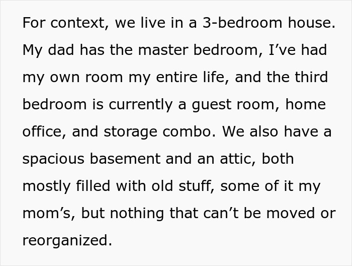Text from a personal story explaining a 3-bedroom house setup before a confrontation about living arrangements.