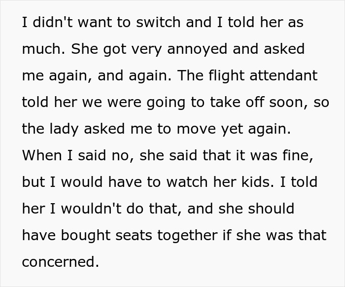Passenger refusing to switch seats with a mother on an airplane and ignoring her children during the flight.