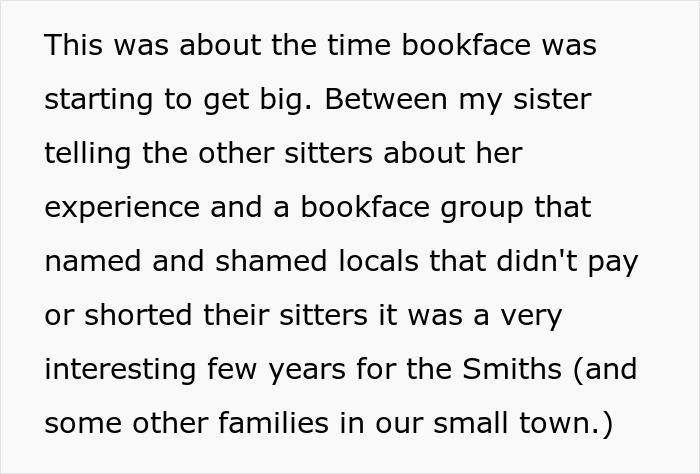 Text excerpt discussing a bookface group exposing religious couples who don't pay their babysitters, leading to Bible-based revenge plans. Text excerpt discussing a bookface group exposing religious couples who don't pay their babysitters, leading to Bible-based revenge plans.