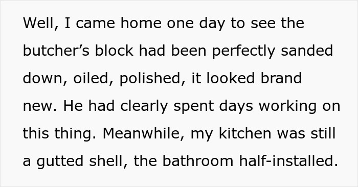 Butcher&rsquo;s block perfectly sanded, oiled, and polished during kitchen renovation while bathroom remains half-installed.