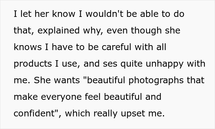 Text excerpt showing a bridesmaid refusing to hide psoriasis for bestie&rsquo;s wedding, causing conflict over body makeup.