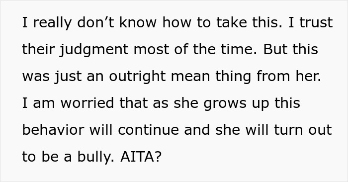 Text expressing concern over teen niece calling aunt fat and ugly, worried about future bullying behavior.