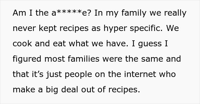 Text excerpt discussing family recipe flexibility and opinions on classic chicken pot pie variations at gatherings.