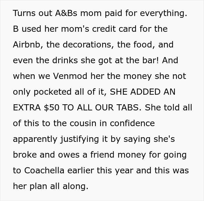 Text excerpt explaining how MOH overcharged for the bachelorette, pocketed money, and added extra charges to tabs.