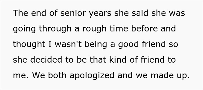 Text on a white background describing a reconciliation between friends after a rough time and mutual apologies.