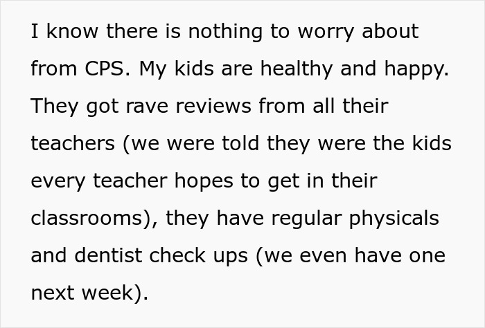 Text from a woman seeking advice on how to deal with her mom threatening to call CPS about her healthy and happy kids. Text from a woman seeking advice on how to deal with her mom threatening to call CPS about her healthy and happy kids.