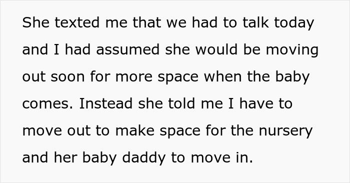 Text message about roommate demanding she move out to create nursery space for baby and baby daddy. Text message about roommate demanding she move out to create nursery space for baby and baby daddy.