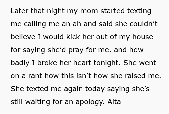 Text message discussing a mother shocked her son kicked her out after unhinged comments related to wife's pregnancy.
