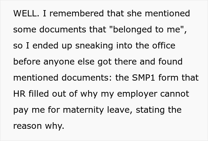 Text showing a woman finding secret documents proving her employer lied about maternity leave eligibility.