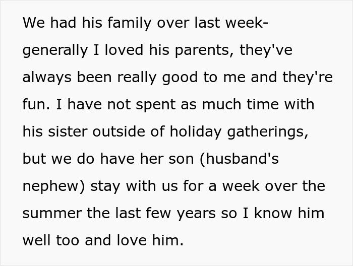Text excerpt about family visit, mentioning sister-in-law and husband's nephew, highlighting close family relationships and summer stay. Text excerpt about family visit, mentioning sister-in-law and husband's nephew, highlighting close family relationships and summer stay.