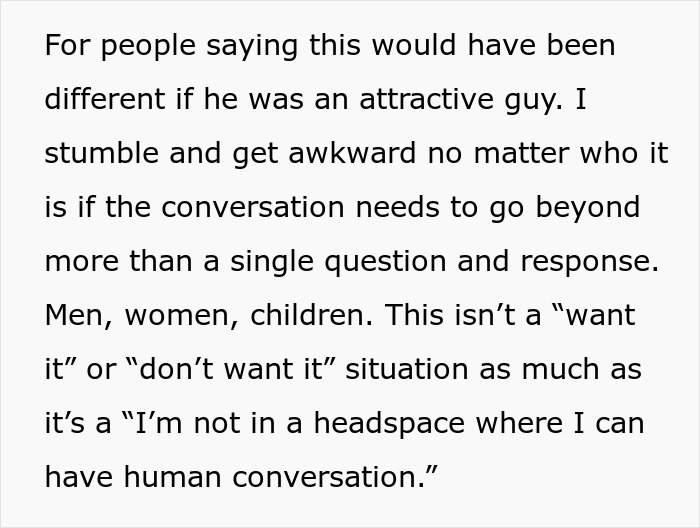 Text excerpt discussing awkward conversations at the gym and not being in the headspace for socializing.