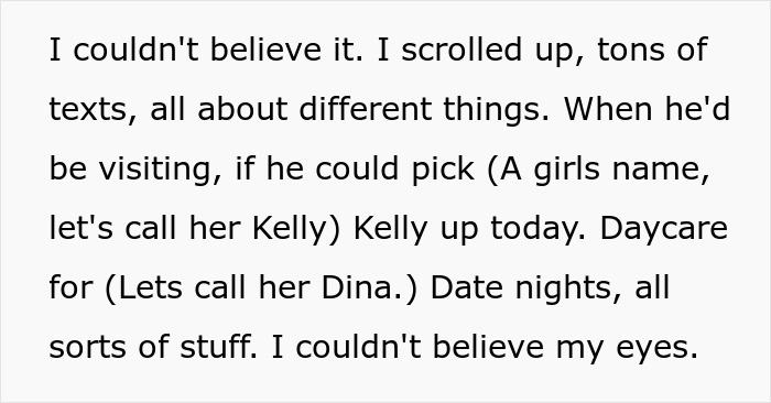 Text excerpt describing a man hiding a secret second family revealed through his phone messages by his wife.