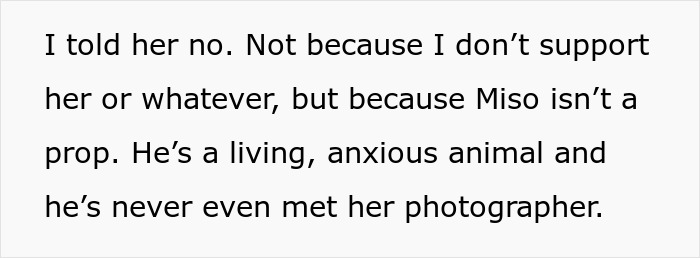Text explaining refusal to lend dog for sister’s aesthetic maternity shoot due to dog's anxiety and wellbeing concerns. Text explaining refusal to lend dog for sister’s aesthetic maternity shoot due to dog's anxiety and wellbeing concerns.