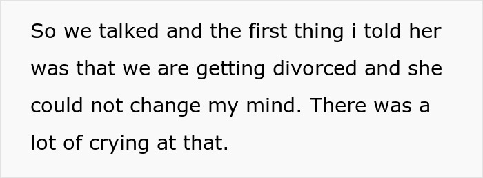 Text excerpt about divorce discussion after wife cheats, mentioning crying and an attempt to change mind control excuse.