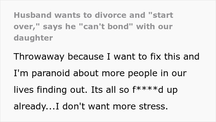 Man insists he can&rsquo;t bond with daughter born by cesarean, leading to demands for divorce and relationship strain.