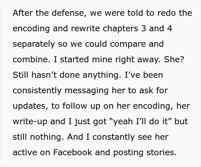 Text excerpt describing a woman failing to contribute to a shared thesis, risking graduation failure.