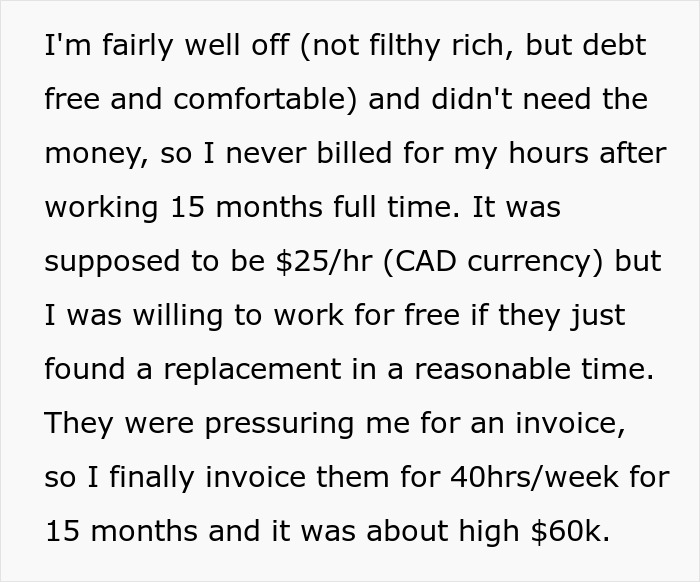 Text excerpt about an employee not billing hours for 15 months, highlighting non-profit accused of fudging hours.