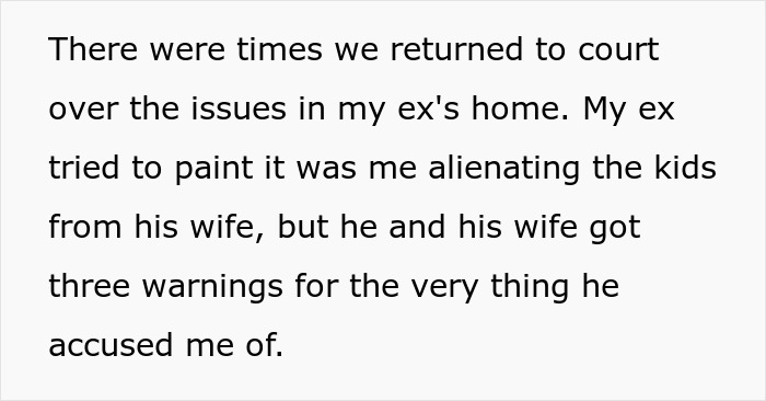 Text excerpt discussing court issues with ex and accusations of alienation involving stepmom and children's lives.