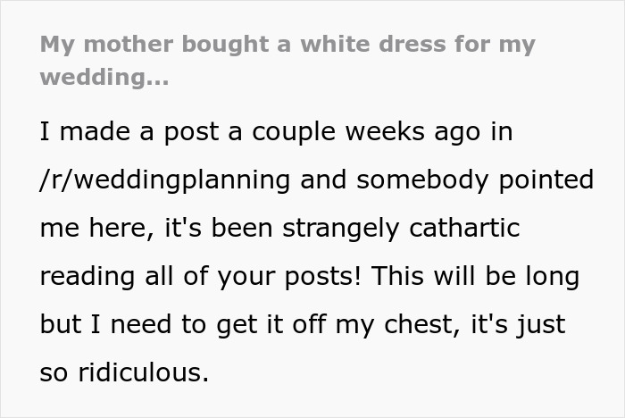 Text post about bride’s mother buying a white dress for wedding, causing conflict and emotional struggle. Text post about bride’s mother buying a white dress for wedding, causing conflict and emotional struggle.