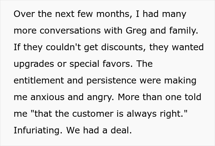 Text excerpt about lawyer's entitlement and persistence demanding hotelier discounts for daughter’s wedding causing tension. Text excerpt about lawyer's entitlement and persistence demanding hotelier discounts for daughter’s wedding causing tension.