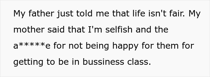 Text message expressing frustration over unfair family vacation treatment and one kid's business class upgrade. Text message expressing frustration over unfair family vacation treatment and one kid's business class upgrade.