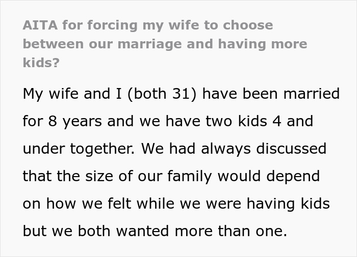 Wife obsessed with having more kids faces marriage ultimatum over desire for a third child in family discussion. Wife obsessed with having more kids faces marriage ultimatum over desire for a third child in family discussion.