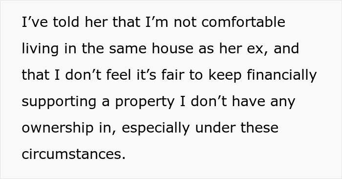 Text about discomfort living with girlfriend’s ex while financially supporting a mortgage without ownership rights. Text about discomfort living with girlfriend’s ex while financially supporting a mortgage without ownership rights.