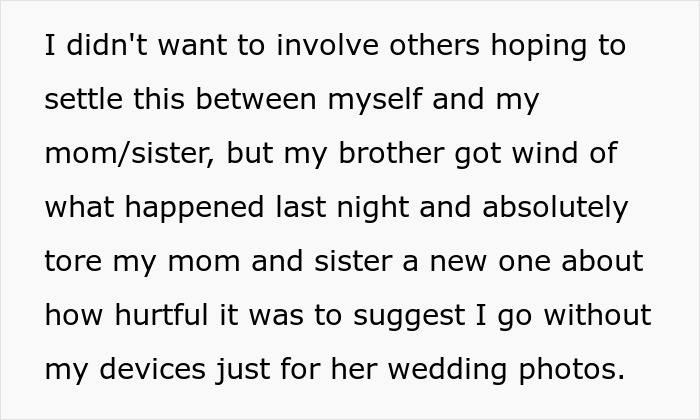 Text excerpt showing a woman refusing to risk her health for sister&rsquo;s wedding photo aesthetic, upsetting her family.