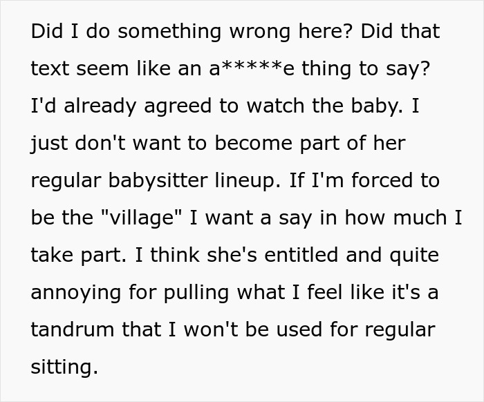 Text message from a child-free lady explaining her limits on babysitting to her sister, concerned about overcommitment.