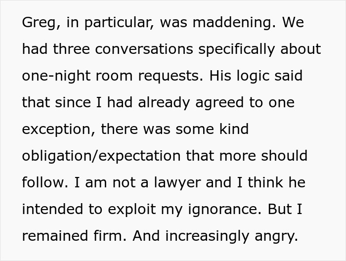 Excerpt showing a heated exchange where an entitled lawyer pressures a hotelier for wedding discounts and faces resistance. Excerpt showing a heated exchange where an entitled lawyer pressures a hotelier for wedding discounts and faces resistance.