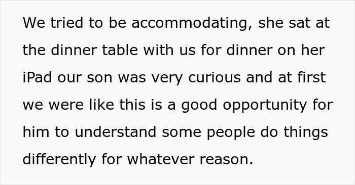 Text excerpt showing a man not prepared to deal with SIL&rsquo;s kid during their stay and offering to pay for a hotel.