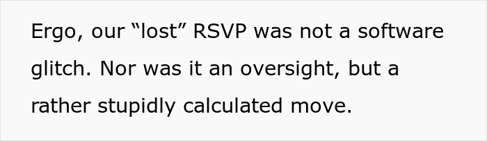 Text excerpt discussing a lost RSVP not being a glitch, highlighting the mother of ring bearer shocked by guest list exclusion.